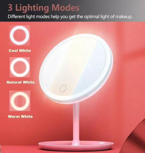 Espejo P/maquillaje Redondo 3 Tonos Luz Led Táctil Gira 360° Color del marco Rosado