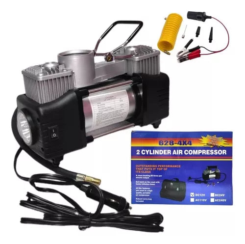 Inflador Compresor De Aire2 Cilindros Auto Bicicleta Camión Color Negro Con Plateado