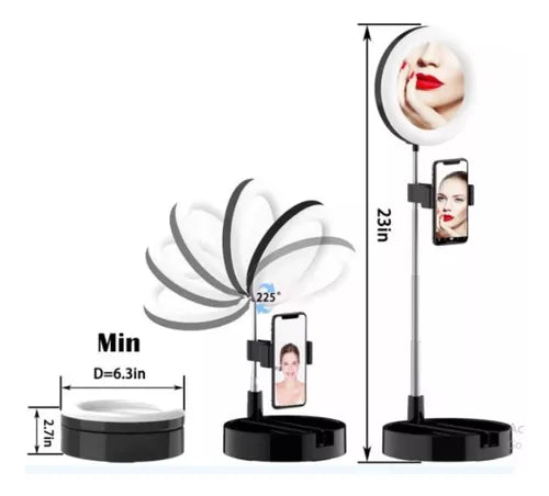 Aro De Luz Led+espejo De Maquillaje+soporte De Celular 3en1