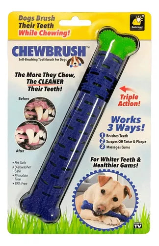 Juguete Hueso Para Perros Cepillo Limpieza Dental Chewbrush Color Azul