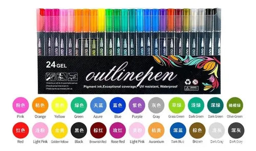 Set 24 Marcadores Rotuladores Doble Línea Metalizados De Gel