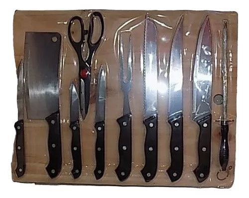 Set De Cuchillos Tabla De Picar Tijera + Afilador Parrillero