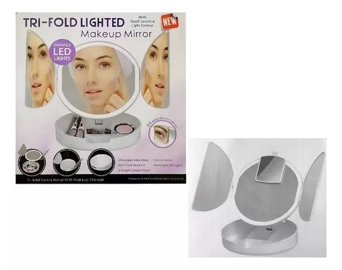 Espejo Triple Con Compartimiento Tocador Aumento 5x Luz Led Color Del Marco Blanco