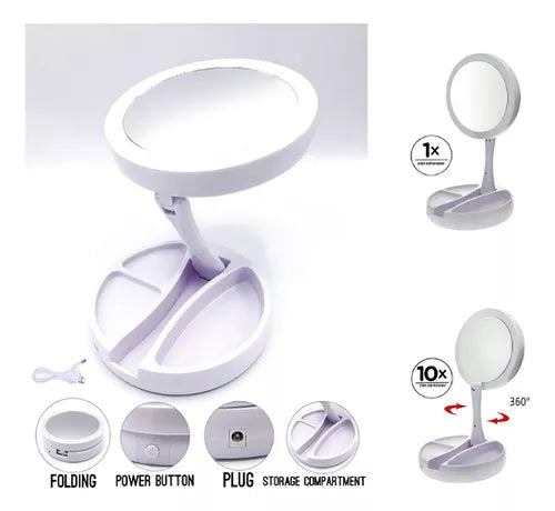 Espejo Para Maquillaje Luz Led Plegable Aumento 10x Redondo Color del marco Blanco