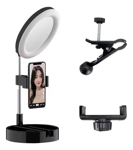 Aro De Luz Led+espejo De Maquillaje+soporte De Celular 3en1