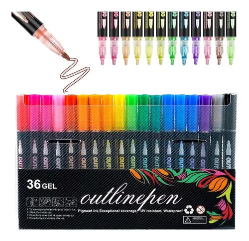 Set 36 Marcadores Rotuladores Doble Línea Metalizados De Gel