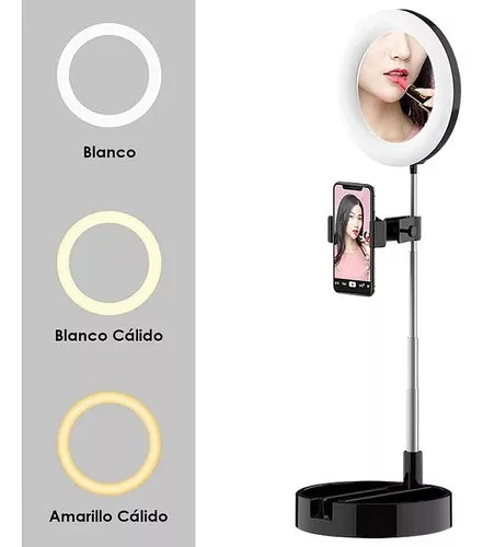 Aro De Luz Led+espejo De Maquillaje+soporte De Celular 3en1