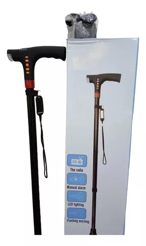 Bastón Ajustable Luz Led Linterna Alarma Radio Fm Mp3 Color Negro