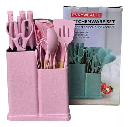 Juego De Utensilios De Cocina De Silicona Madera Acero 19 Pc