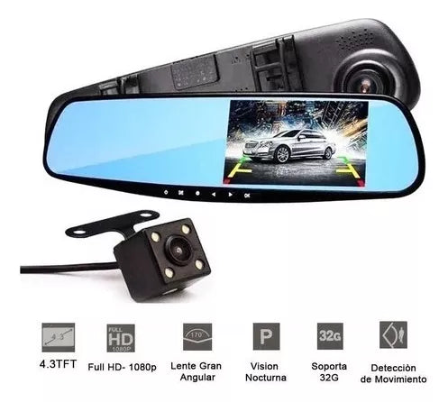 Espejo Carro Retrovisor Dvr Cámara D Reversa 4.3 PuLG 1080hd