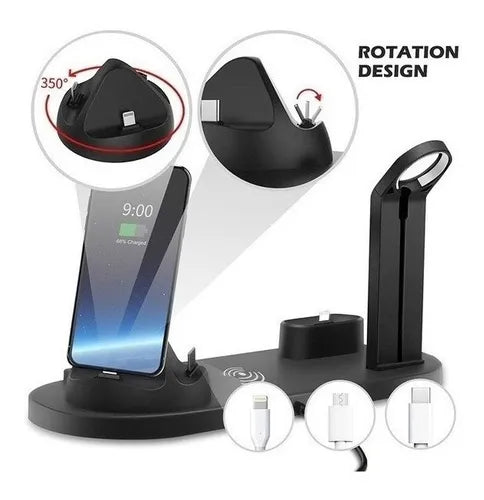 Cargador Inalambrico 3 En 1 Multifunción Soporte Para Tlf Color Negro