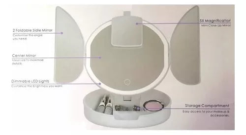 Espejo Triple Con Compartimiento Tocador Aumento 5x Luz Led Color Del Marco Blanco