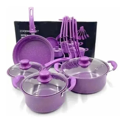Juego De Ollas Antiadherentes Mas Utensilios 14 Pcs Morado