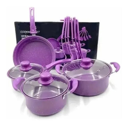 Juego De Ollas Antiadherentes Mas Utensilios 14 Pcs Morado