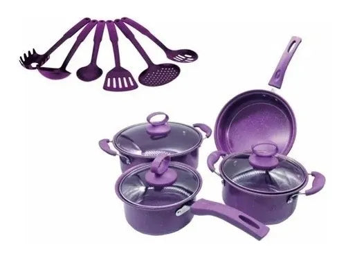 Juego De Ollas Antiadherentes Mas Utensilios 14 Pcs Morado