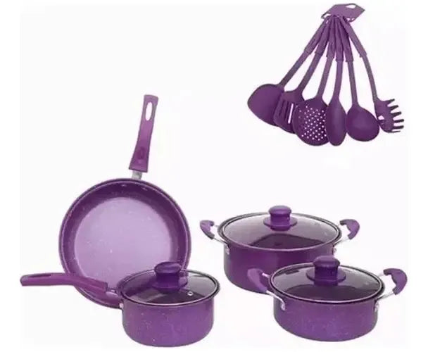 Juego De Ollas Antiadherentes Mas Utensilios 14 Pcs Morado
