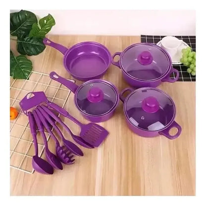 Juego De Ollas Antiadherentes Mas Utensilios 14 Pcs Morado