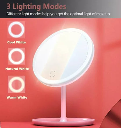 Espejo P/maquillaje Redondo 3 Tonos Luz Led Táctil Gira 360° Color del marco Rosado