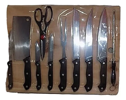 Set De Cuchillos Tabla De Picar Tijera + Afilador Parrillero