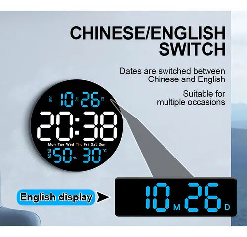 Reloj De Pared Digital Led Redondo Con Control Remoto Estructura Blanco Fondo Negro