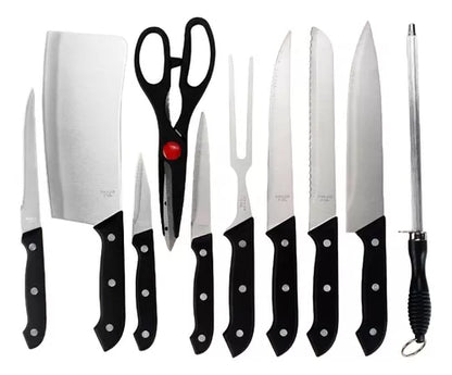 Set De Cuchillos Tabla De Picar Tijera + Afilador Parrillero