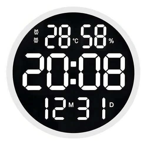 Reloj De Pared Digital Led Redondo Con Control Remoto Estructura Blanco Fondo Negro