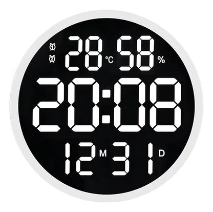 Reloj De Pared Digital Led Redondo Con Control Remoto Estructura Blanco Fondo Negro