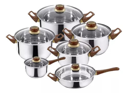 Juego De Ollas Batería De Cocina De Acero Inoxidable 12 Pcs