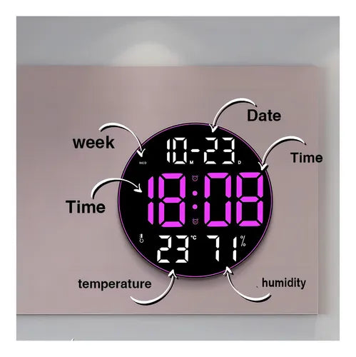 Reloj De Pared Digital Led Redondo Con Control Remoto Estructura Blanco Fondo Negro