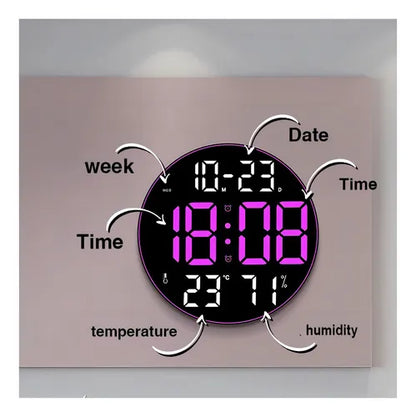 Reloj De Pared Digital Led Redondo Con Control Remoto Estructura Blanco Fondo Negro