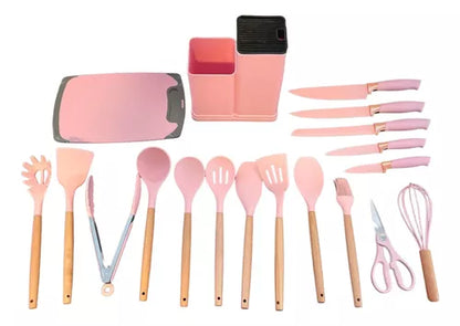 Juego De Utensilios De Cocina De Silicona Madera Acero 19 Pc