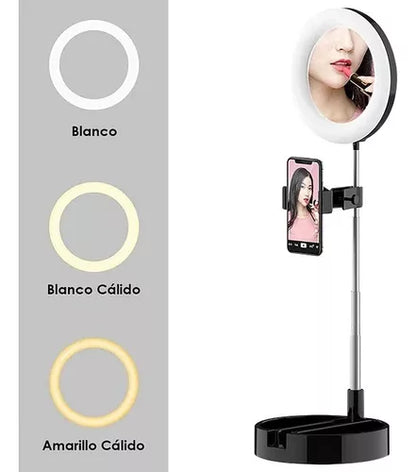 Aro De Luz Led+espejo De Maquillaje+soporte De Celular 3en1
