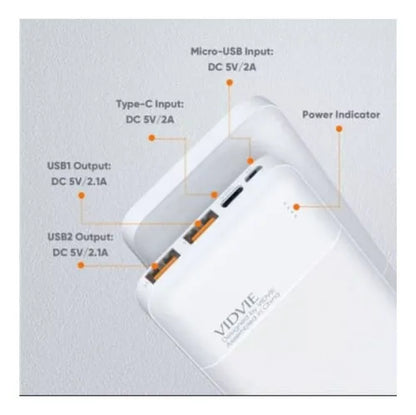 Cargador Portátil Power Bank Batería Externa 20000mah Vidvie Color Blanco