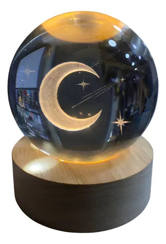 Lámpara De Noche Mesa Esfera Cristal Luz Led 3d Media Luna