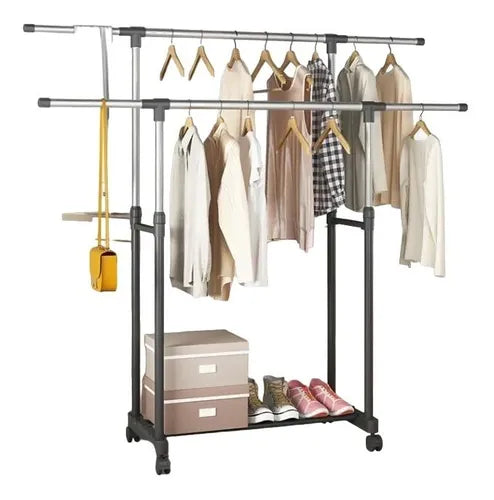 Perchero Colgador Doble De Metal Exhibidor De Ropa Con Rueda